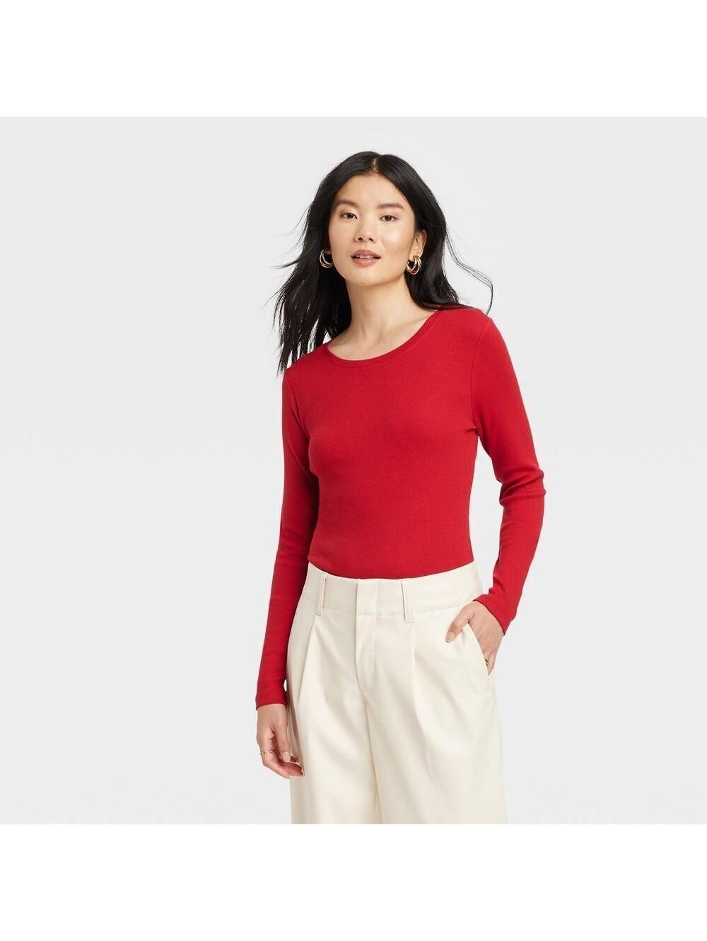 SMALL Women's Long Sleeve Ribbed T-Shirt - a New Day™ Red S